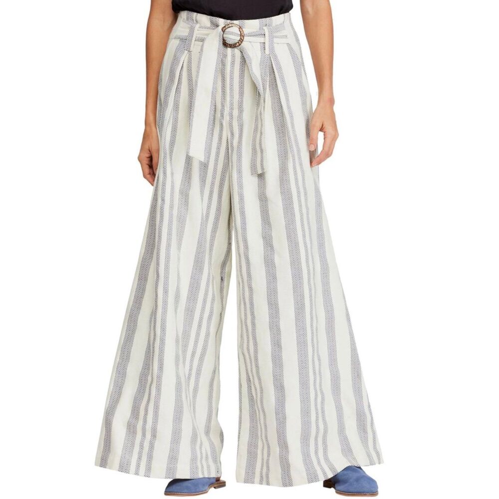 Free People blue white striped wide leg belted pants 12